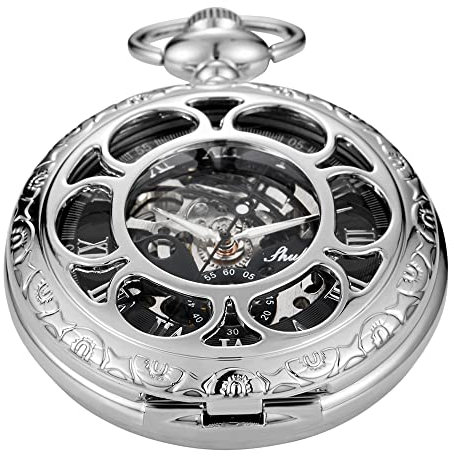 Tiong Sliver Flower Mechanical Hand Winding Pocket Watch, Roman Numeral Dial Skeleton Mechanical Pocket Watches for Men with Chain Gift +Box