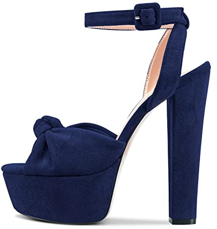 Castamere Donna Alto High Chunky Blocco Piattaforma Tacco Heel Aperte sulla Punta Cinturino alla Caviglia Nodo Fiocco Sandali Blu Navy 42 EU
