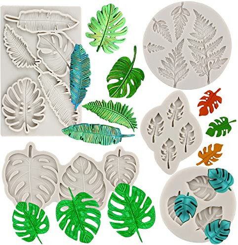 Sijiangmold Silikonform mit tropischen Blättern, Farnblätter, Fondant-Form, Monstera-Blattform für Kuchendekoration, Cupcake-Aufsätze, Süßigkeiten, Gummipaste, Polymer-Ton, 5 Stück