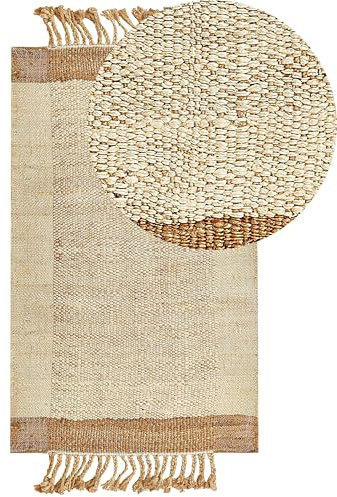 Beliani Teppich Jute natürlich beige 80 x 150 cm Fransen handgewebt Boho Dedemli