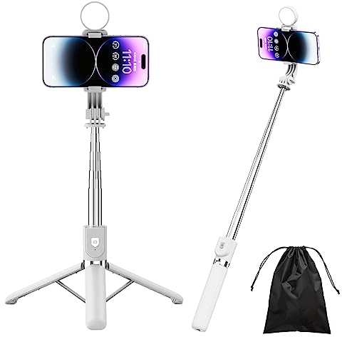 H.May Palo Selfie con Luz de Relleno, 4 en 1 Palo Selfie Trípode Reforzado Estable, 130cm Extensible Selfie Stick Trípode Teléfono Flexible con Mando Compatible con iPhone, GoPro, Cámara, Blanco