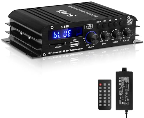 Hifi Amplificatore Audio,S-188 2.1 Canale Bluetooth 5.0 Mini Amplificatore Audio RMS 40wx2+50w Max 600w Subwoofer Amplificatore Passivo 110-240V con USB/TF/Slot/AUX/Casa Echo Stereo