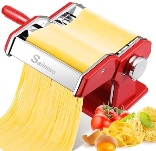 Sailnovo Machine a Pates Fraiche, 180 Aluminium Machines à Pâtes avec 9 Réglages d'épaisseur Réglables et 2 Cutters, Pasta Maker est Parfait Pour Les Pâtes, les pâtes, Laminoir a Pate (Rouge)