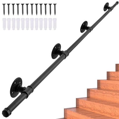 Main Courante pour Escalier 3m, Magtctyae Main Courante Escalier Interieur Exterieur Noir Rampe Escalier intérieur 3m Support Mural Tuyau en Acier Galvanisé Antidérapant Poignée Rambarde de Sécurité