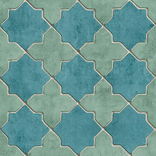 BRICOFLOR Papier peint carrelage vert & turquoise Tapisserie salle de bain & cuisine carreaux de ciment Papier peint salon style marocain