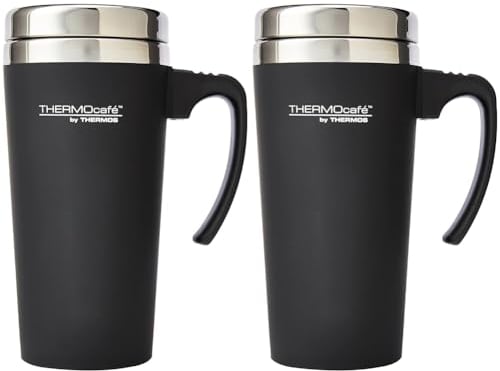Thermocafe 420 ml Plastic and Stainless Steel Soft Touch Travel Mug, Black, 1 Count (Pack of 2)