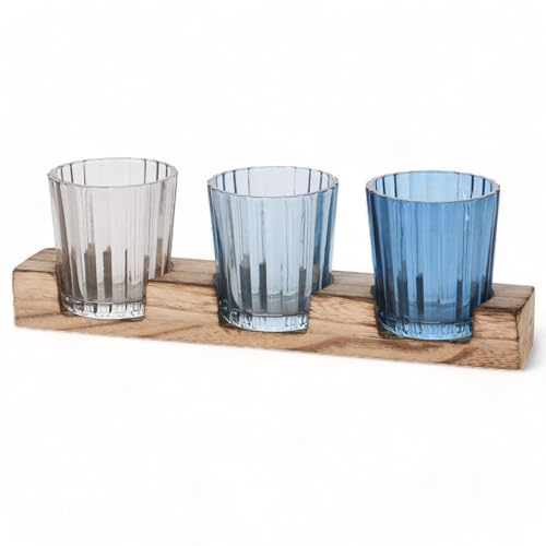 MIJOMA Lot de 4 photophores avec plateau en bois, charmants bougeoirs en verre ondulé, décoration de table élégante et photophore pour l'intérieur, design d'intérieur moderne et accessoire d'intérieur