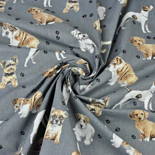 Textrend Baumwollstoff Meterware - Stoff zum Nähen - 100% Baumwolle - Textilien 1x1.6m - Stoffe Meterware - Katzen und Hunde Muster (Beige und weiße Hunde auf dunkelgrauem Hintergrund)