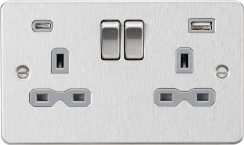 13A 2G SP Switched Socket with Dual USB A+C (5V DC 4.0A shared) - Brushed Chrome with Grey Insert
