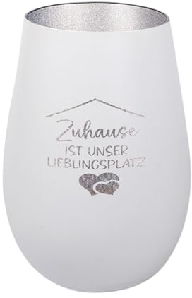 Der-Porzellan-Laden Windlicht mit Gravur Zuhause ist unser Lieblingsplatz, Weiß Silber, Teelichthalter aus Glas mit Spruch, Tischdeko modern