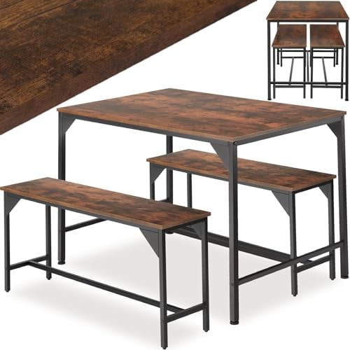 tectake Essgruppe, Esstisch 3-teilig, Sitzgruppe, Esszimmer Set mit Tisch und 2 Bänken, 110 x 70 x 75 cm, Industrial Design, ideal für Küche, Wohnzimmer, Esszimmer - Industrial Holz dunkel, rustikal