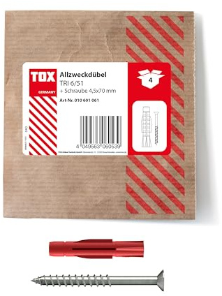 TOX Allzweckdübel TRI 6/51 + S, 4 Stk. | Dübel inkl. Schraube, Papierverpackung, für Befestigungen in fast allen Baustoffen, 010601061