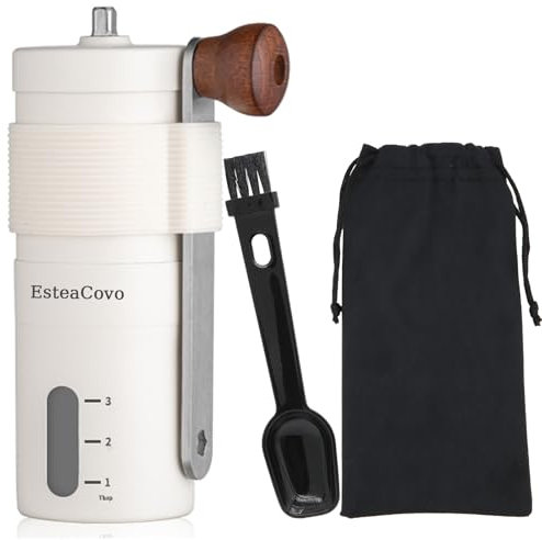 Mini Manual Coffee Bean Grinder for Travel Camping, Hand Held Espresso Burr Ceramic Coarseness White 304 Stainless Steel Small Mill Kit for Home Use with Portable Storage Pouch Brush Spoon