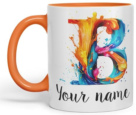 Vixar Personalised Letter B Mug, Alphabet cusomized Custom Your Letter B Monogram Watercolour Ceramic Coloured Mug Cup for Tea Coffee Hot Brew 330ml 11Oz Gift (Orange)