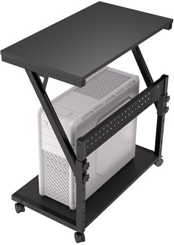 Faesun Computer-Towerwagen, höhenverstellbarer PC-Tower-Ständer, mobiler rollender PC-Wagen, 2-stöckiges ATX-Gehäuse, CPU-Halterung, PC-Ständer mit Rädern, 59-79 cm H, Schwarz Standard