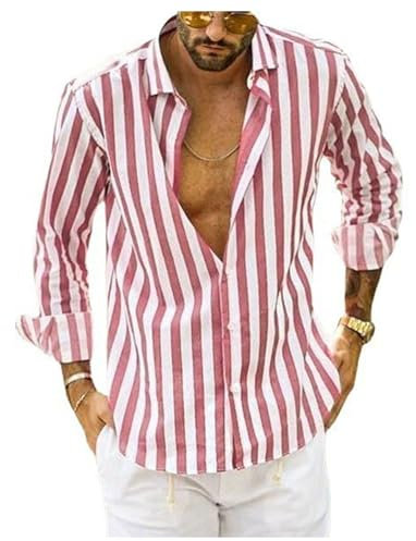 newrong Chemise à manches longues pour homme, chemise rayée ample, rose, S