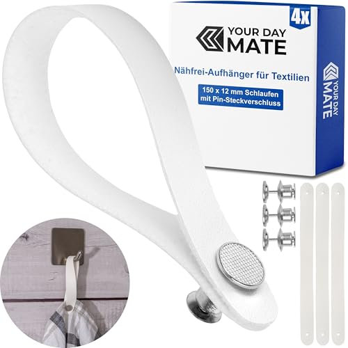 Nähfrei-Aufhänger für Textilien, 4 Pack, 150 x 12 mm Schlaufen, in Weiß, aus PU Leder, mit Pin-Knopfverschluss, Aufhänger Laschen für Geschirrhandtuch, Bad Handtuch, Lappen, Dekoartikel, Camping