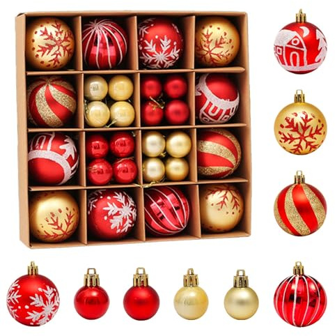 44 Stück Rot Gold Weihnachtskugeln, 6cm + 3cm, Kunststoff, Weihnachtsbaumschmuck für Weihnachten, Hochzeit, Geburtstag