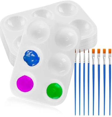 AUNHOKE 14 Stück Mischpalette mit 8 Stück Pinsel, Kunststoff Palette 6 Wells Aquarellpalette Malpalette für Kunstmalerei, für Wasserfarben Öl Acryl Malerei,12 x 8,5 cm