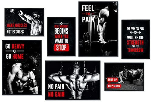 Hyggelig Home Premium Poster Set - 7 Bodybuilding Bilder für Gym Motivation Mindset Home Training- Set Fitness - mit Rahmen schwarz