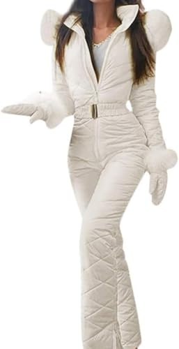 Suncadmious Frauen Schnee Anzüge EIN Stück Winter Onesie Ski Anzug Kapuze Pelzkragen Jumpsuit Outdoor Sport Wasserdicht Ski Outfits Romper (weiß,XL)