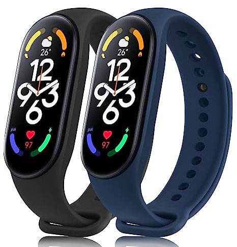 Wanme Silicone Bracelet Compatible avec Xiaomi Mi Band 7, Bracelet de Remplacement en Silicone Réglable pour Xiaomi Mi Band 7 (A-Noir/Bleu Marine)