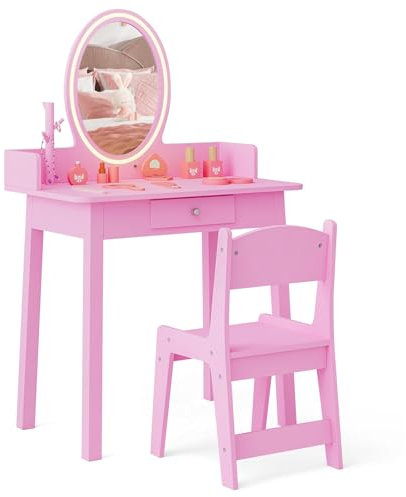 DREAMADE Schminktisch Kinder mit LED-Spiegel & Kiefernholzbeine, Prinzessin Frisiertisch mit Schublade & Schmuckständer, Kinderschminktisch mit Hocker für Kinder Mädchen (Rosa)