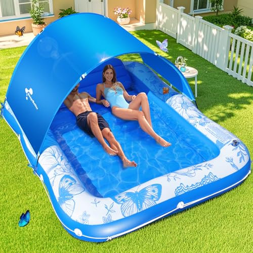 Inflatable Tanning Pool Lounger with Canopy,81x 60 Large Tanning Floats for Adults,2025 Butterfly Pool Lounger Float,Blow Up Tanning Water Bed with Cup&Phone Holder,Adults Tanning Pools for Backyard