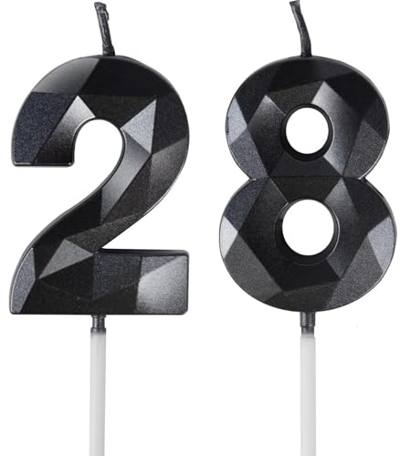 Yiran Geburtstagskerzen Zahl 28 Schwarz – Schwarze 3D Kerzen für Frauen und Männer Geburtstagstorten, Kerzen zum 28. Geburtstagsdeko (Nummer 28 Kerze, Tortenkerzen) für Geburtstagsparty und Feier