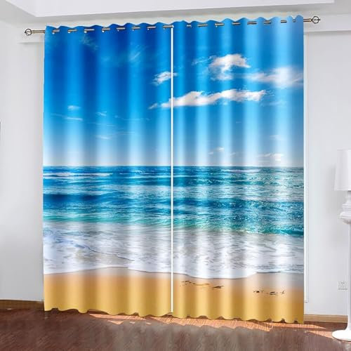 Mesnt Thermogardinen mit Ösen, 152x214cm Blau Weiß Braun Blauer Himmel und Meer Vorhang für Schlafzimmer-Fenstervorhänge