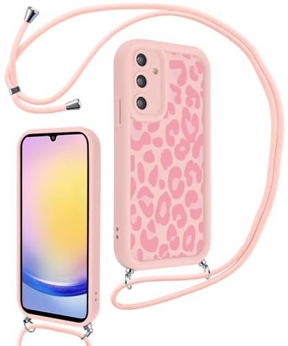 Xylota Coque avec Cordon pour Samsung Galaxy A25 5G, Aesthetic Léopard Motif Etui avec Réglable Collier Souple Silicone Corde Bumper Case, Lanyard Antichoc Housse pour Samsung A25 5G 6,5'' - Rose 01