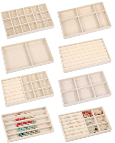 8 Stück Schmucktablett, Samt Schmuckeinsatz für Schubladen Aufnehmbar Schmuck Organizer Schublade Stapelbar Schmuckkästchen ersetzt Schmuckaufbewahrung Schublade für Ohrringe Ring Halsketten-Beige