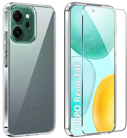 FDHYFGDY Hülle für Oppo Reno 14F/14 FS (4G/5G) Handyhülle + 1x Schutzfolie, Transparente Silikon Schutzhülle, Anti-Kratzer, Anti-Vergilbung und Stoßfest,Dünne, Weiche, Transparente TPU case