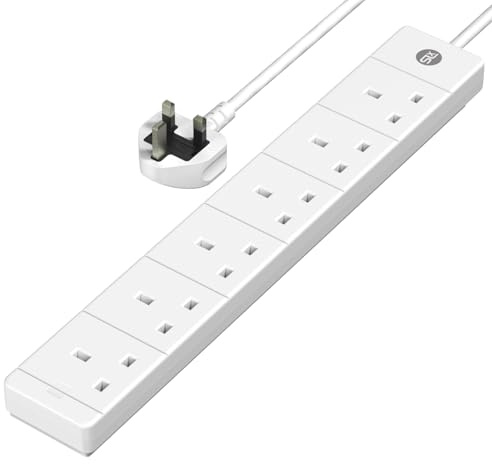 SLx Extension Lead 1m 6 Way Gang Socket 13A UK Plug 3 Pin Mains Power Extension Cord Compact Travel Power Strip White