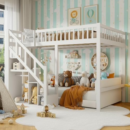 RXMORI Etagenbett 140 x 200 cm, Kinderbett, mit Treppen, Krippe mit Schränken und Absturzsicherung, Bett mit Kinderschrank, Etagenbett für Mädchen und Jungen, Kinderbett,Weiß (Weiß, 140 x 200 cm)