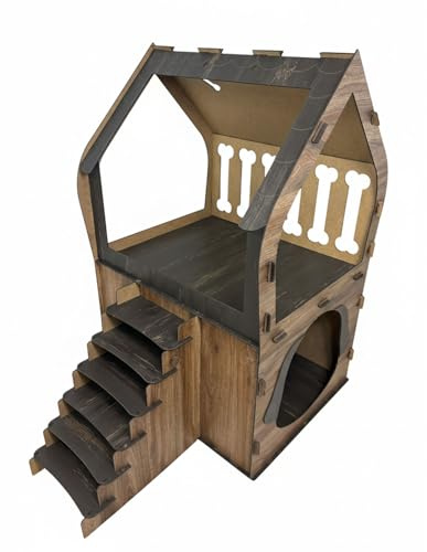 Jungengel 3XL Hundehütte für kleine Hunde – Indoor Hundebett mit Treppe & Balkon – MDF Haus mit 2 Ebenen, 91x84x58 cm – Stecksystem ohne Schrauben – bis 10 kg Hundehaus (Dunkelbraun | Braun, 3XL)