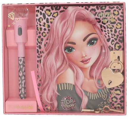 Depesche TOPModel 13216 Diary in Pink with Model Motif, Leo Pattern and Gold Details, Book with Heart Lock, Secret Pen and Lined Pages