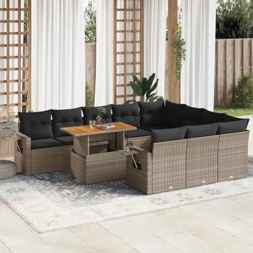 Teenpull 11-TLG. Garten-Sofagarnitur, Grau Poly Rattan, Modular mit Stauraum, Verstellbarer Tisch, UV-beständig, für Terrasse, Balkon, Außenbereich