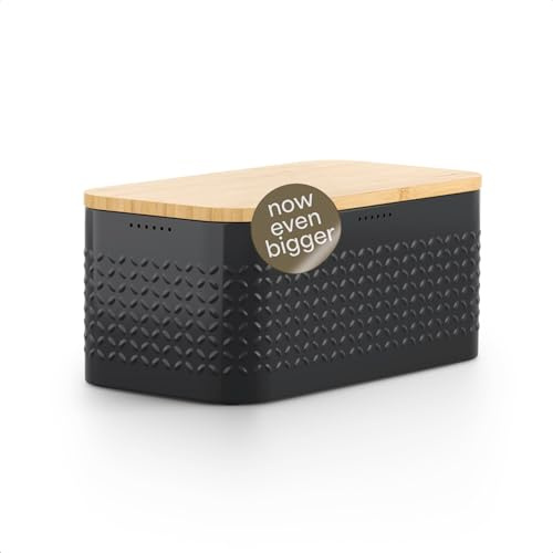 LARS NYSØM Panera - Paneras para Guardar El Pan - Metal Caja de Pan | 34.5x18.5x15.8cm Acero Inoxidable Paneras - Tapa de Bambú Adaptable como Tabla de Cortar - con Almohadillas Antideslizantes