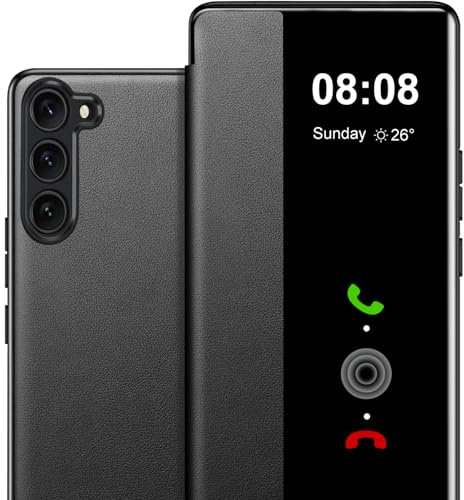 Flip Case for Samsung Galaxy S23 FE Case S View, Clear View Flip Folio PU Leather & Hard PC Phone Case, Luxury Anti-Scratch Flip Cover for Samsung Galaxy S23 FE Smartphone (Black)