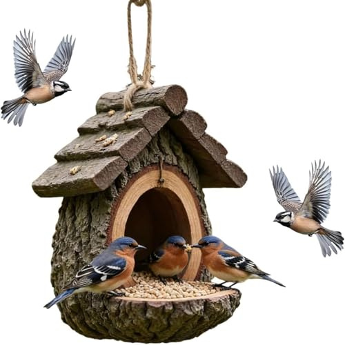 Mangiatoia per Uccelli in Stile Casa sull'Albero Vintage, Mangiatoia per Uccelli in Stile Casa sull'Albero per Esterni da Appendere, Design Aperto Impermeabile in Resina con Vassoio per Semi per