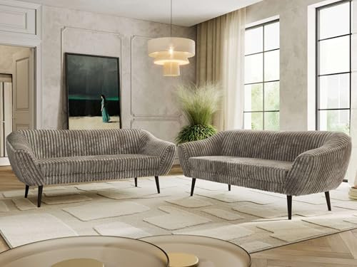 MKS MEBLE Sofagarnitur PIRS 3 + 3 - Couchgarnitur im skandinavischen Design, Gesteppte Polsterung, Wellenfederung, Wohnzimmer Sofa Set - Schwarze Beine, Hellbraun Cord