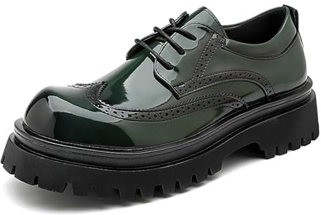 Zapatos De Vestir De Hombre con Cordones De Piel Sintética con Plataforma Puntera Redondeada Tacón Grueso Y Suela con Tacos Zapatos Clásicos De Oficina Y Trabajo,Verde,43 EU