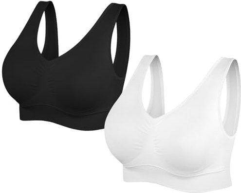 SIMIYA Super Comfort Bra, Womens Sports Bras Removable Pads Plus Size Sleep Bras for Girls in Yoga Bralette Leisure Stretch Crop Tops Vest (XXL, 2 Pack Black+White)
