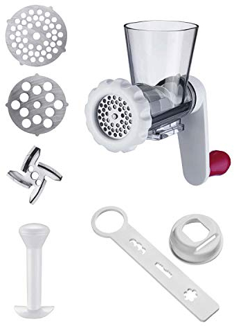 Westmark Meat Mincer with 2 perforated discs and biscuit attachment, Fits on base of Scharfe Herta drum grater (97022260) and Vita Freund juicer (97062260), Plastic, Frecher Fritz, White/Red, 97052260
