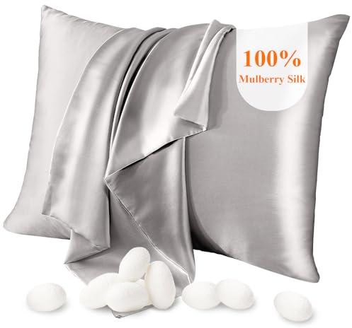 Jaciu 100% Silk Pillowcase, for Hair and Skin, Both Side Mulberry Silk Pillowcase 21 Momme 600 Thread Count with Hidden Zipper Hypoallergenic Soft and Breathable(Grey,Queen: 20x30,1pcs)