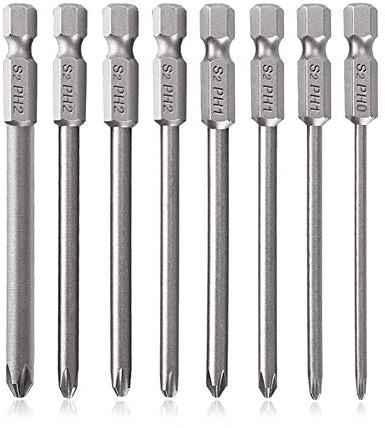 Saipor 8 Stück 75mm Lange Kreuzschlitz-Schraubendreher-Bits Set S2 Stahl Kreuzkopf Bit 6,35mm (1/4 Zoll) Sechskantschaft Magnetische Schraubendreher Bit Set PH0 PH1 PH2