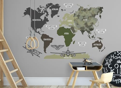 Osomhome Wandtattoo Weltkarte Armee (120x75cm) | World Map Wall Decoration Wandsticker | Deco Kinderzimmer Junge & Mädchen | Wandaufkleber Wandbild Kinderbilder Wandtattoo os5051