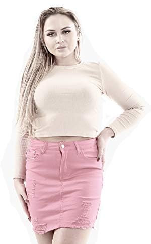 DENIM WISE Elegante gonna di jeans da donna con orlo grezzo strappato mini gonna di jeans, rosa, 34