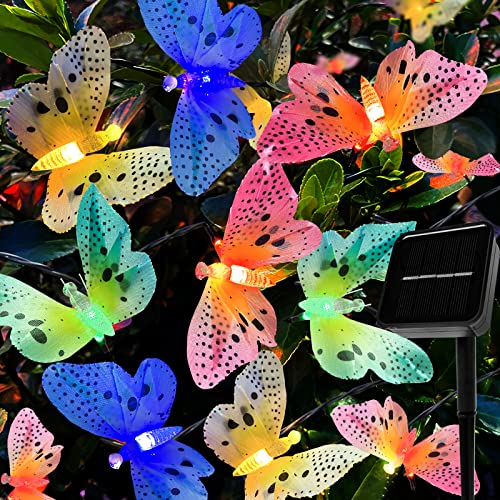 XVZ Solar Lichterkette Außen, 5m 12LED Schmetterling Lichterkette außen Solar Bunt, Wasserdichte faseroptisches Schmetterlings-Lichterkette für Garten Bäume Terrasse Balkon Deko